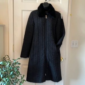Omon Black Quilted Long Coat with Faux Fur Collar Sz M EUC